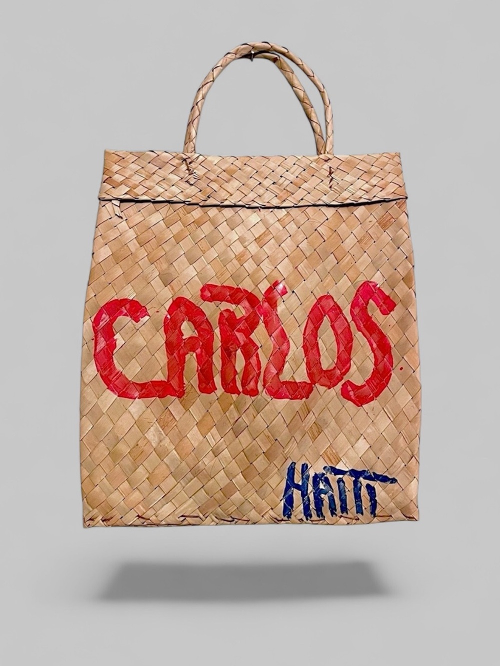 NWOT Carlos Haiti Handwoven Palm Leaf Beach Tote Bag Red Blue
